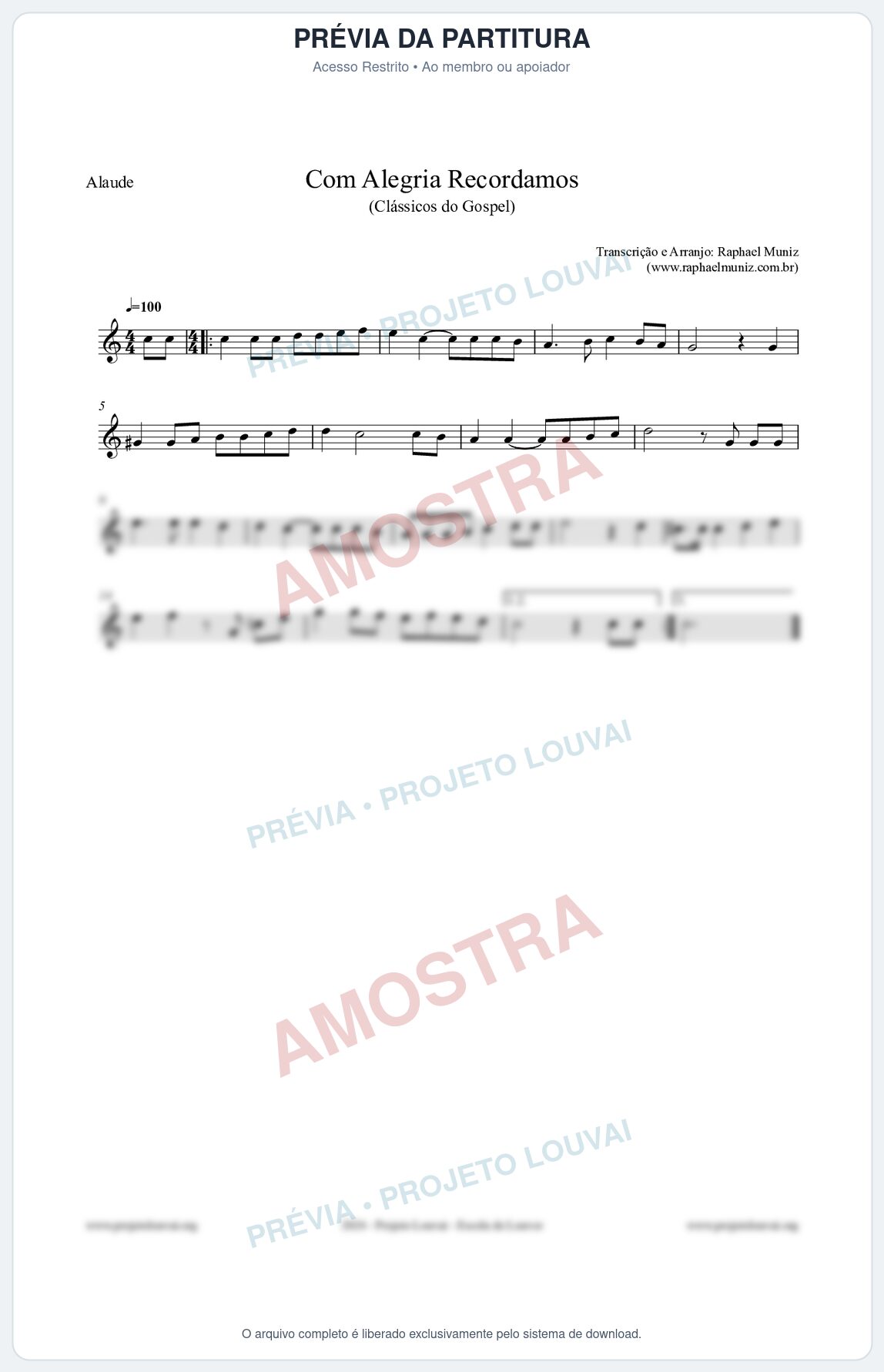Prévia protegida da primeira página da partitura Partitura para Alaúde - Com Alegria Recordamos - HCC 613 - Clássicos do Gospel