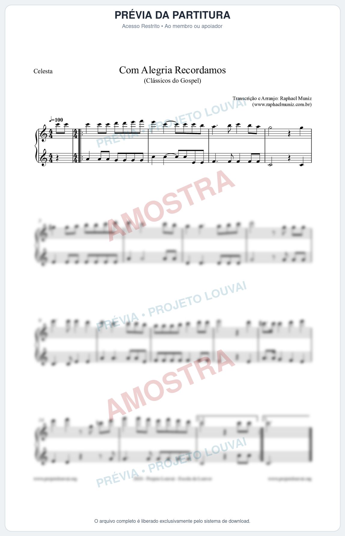 Prévia protegida da primeira página da partitura Partitura para Celesta - Com Alegria Recordamos - HCC 613 - Clássicos do Gospel