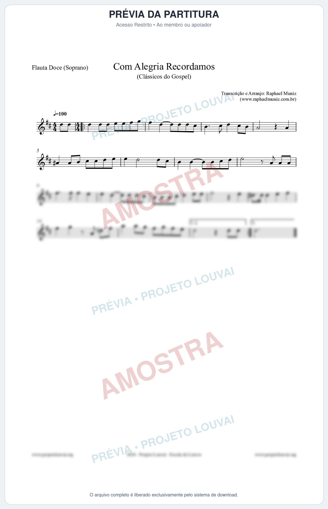 Prévia protegida da primeira página da partitura Partitura para Flauta Doce (Soprano) - Com Alegria Recordamos - HCC 613 - Clássicos do Gospel