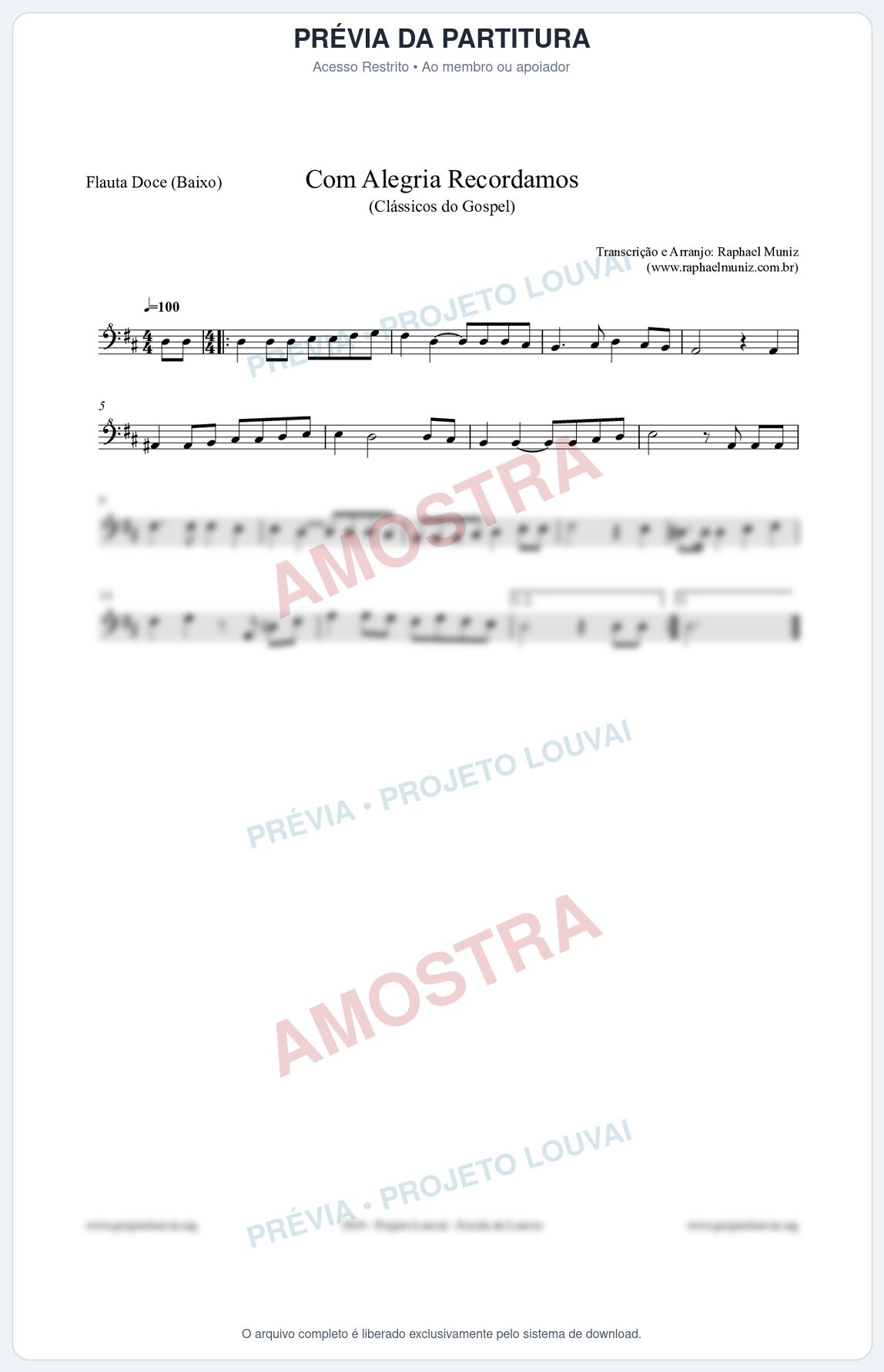 Prévia protegida da primeira página da partitura Partitura para Flauta Doce (Baixo) - Com Alegria Recordamos - HCC 613 - Clássicos do Gospel