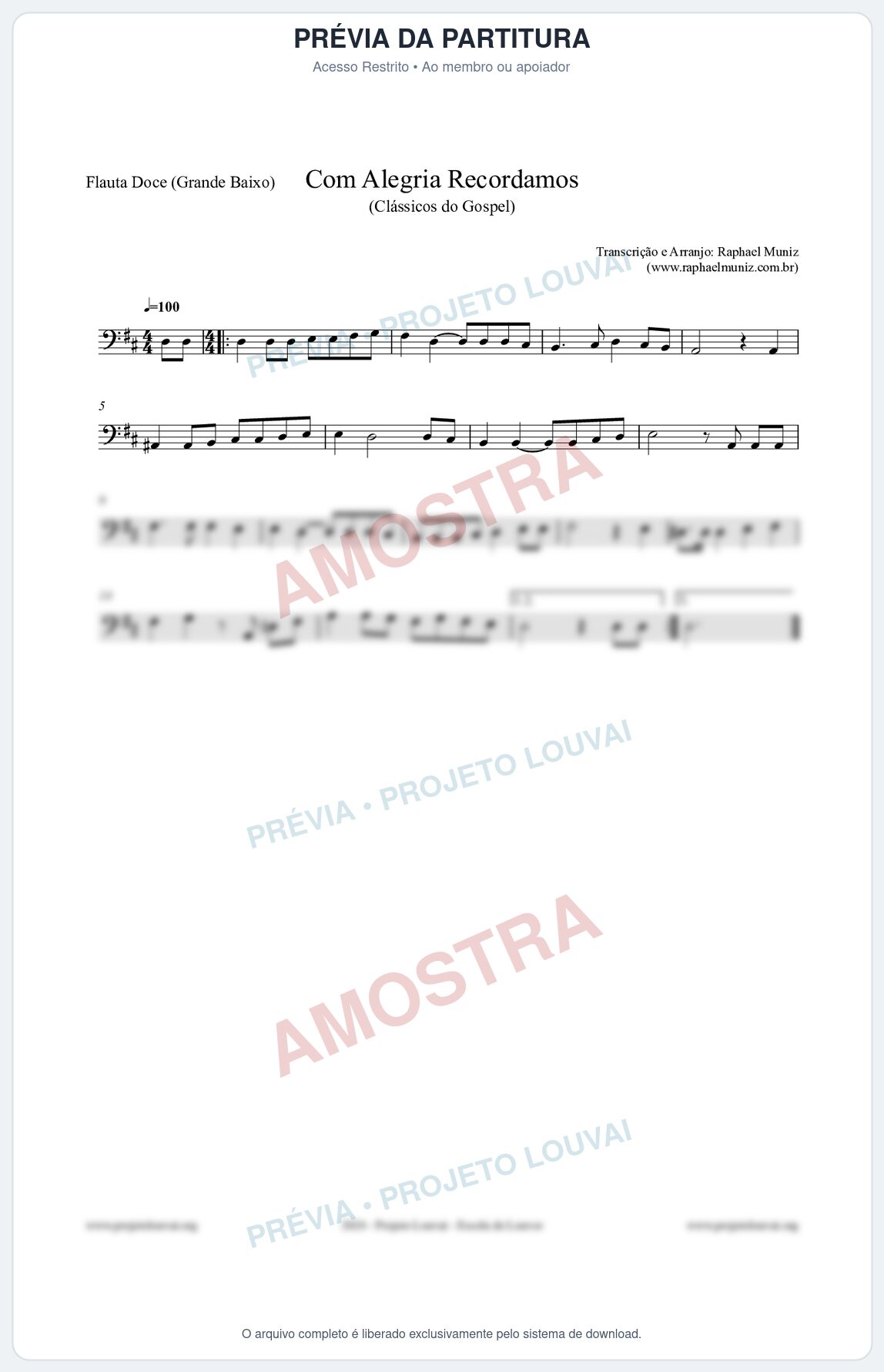 Prévia protegida da primeira página da partitura Partitura para Flauta Doce (Grande Baixo) - Com Alegria Recordamos - HCC 613 - Clássicos do Gospel