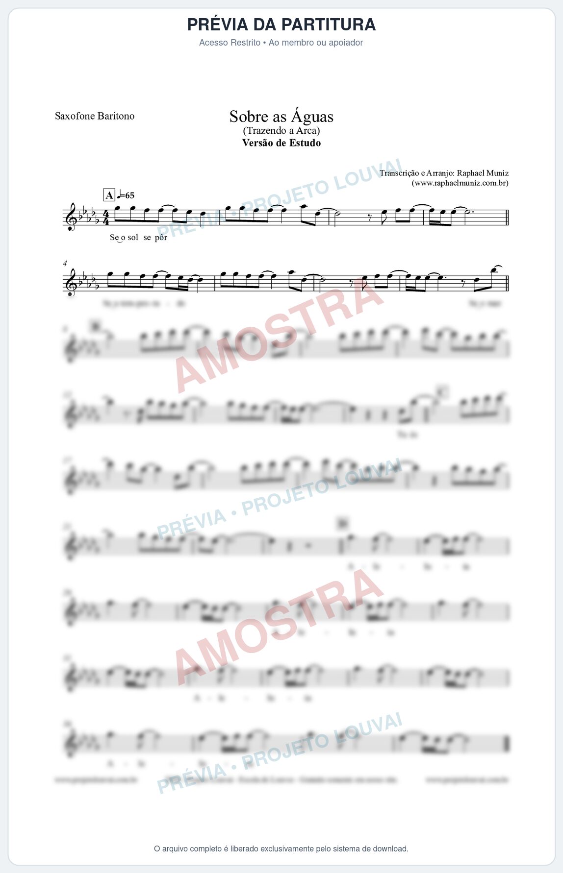 Prévia protegida da primeira página da partitura Partitura para Saxofone Barítono - Sobre as Águas (Versão de Estudo) - Trazendo a Arca