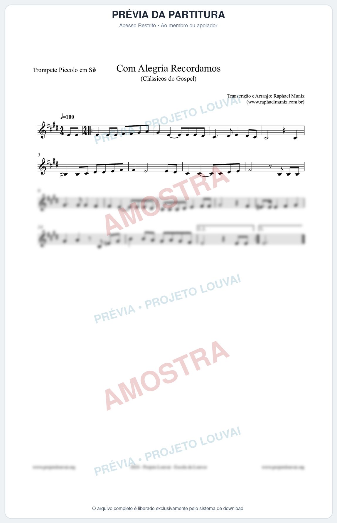 Prévia protegida da primeira página da partitura Partitura para Trompete Piccolo em Sib - Com Alegria Recordamos - HCC 613 - Clássicos do Gospel