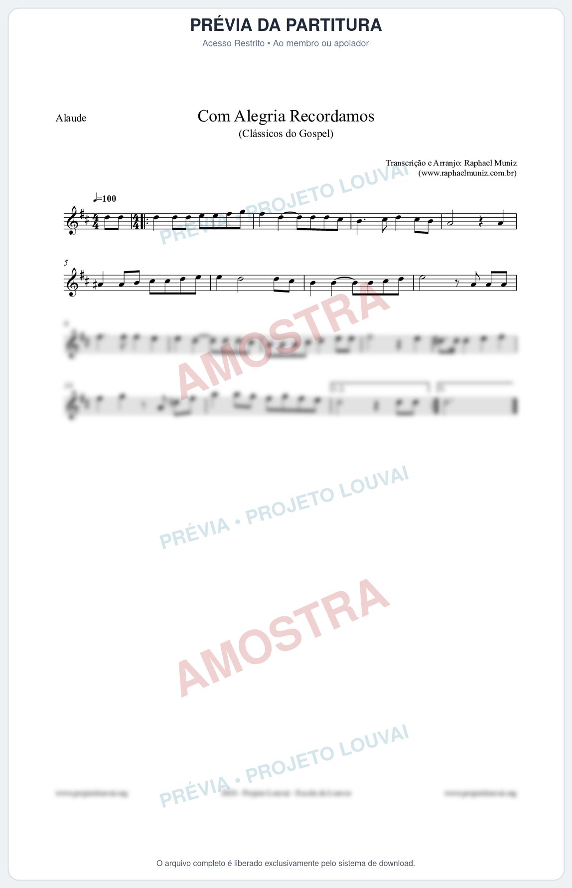 Prévia protegida da primeira página da partitura Partitura para Alaúde - Com Alegria Recordamos - HCC 613 - Clássicos do Gospel