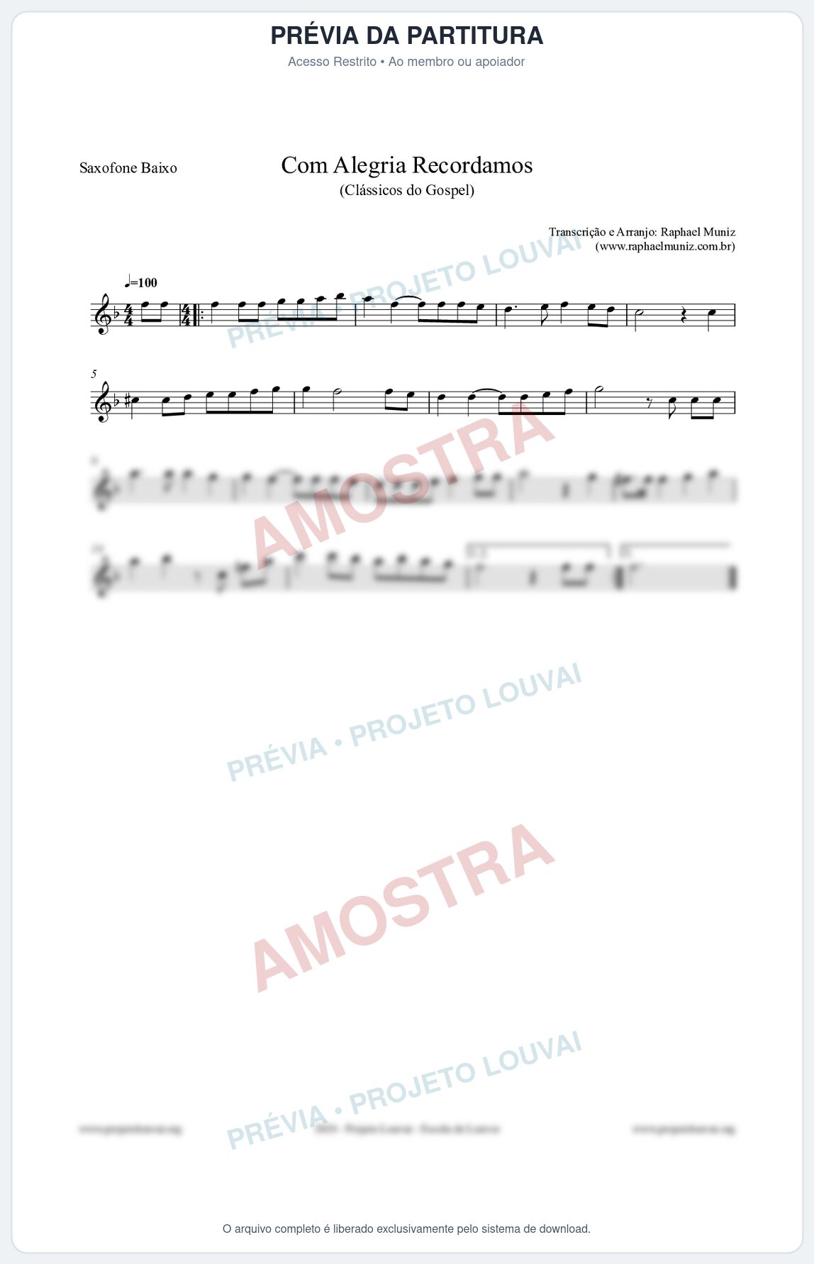 Prévia protegida da primeira página da partitura Partitura para Saxofone Baixo - Com Alegria Recordamos - HCC 613 - Clássicos do Gospel