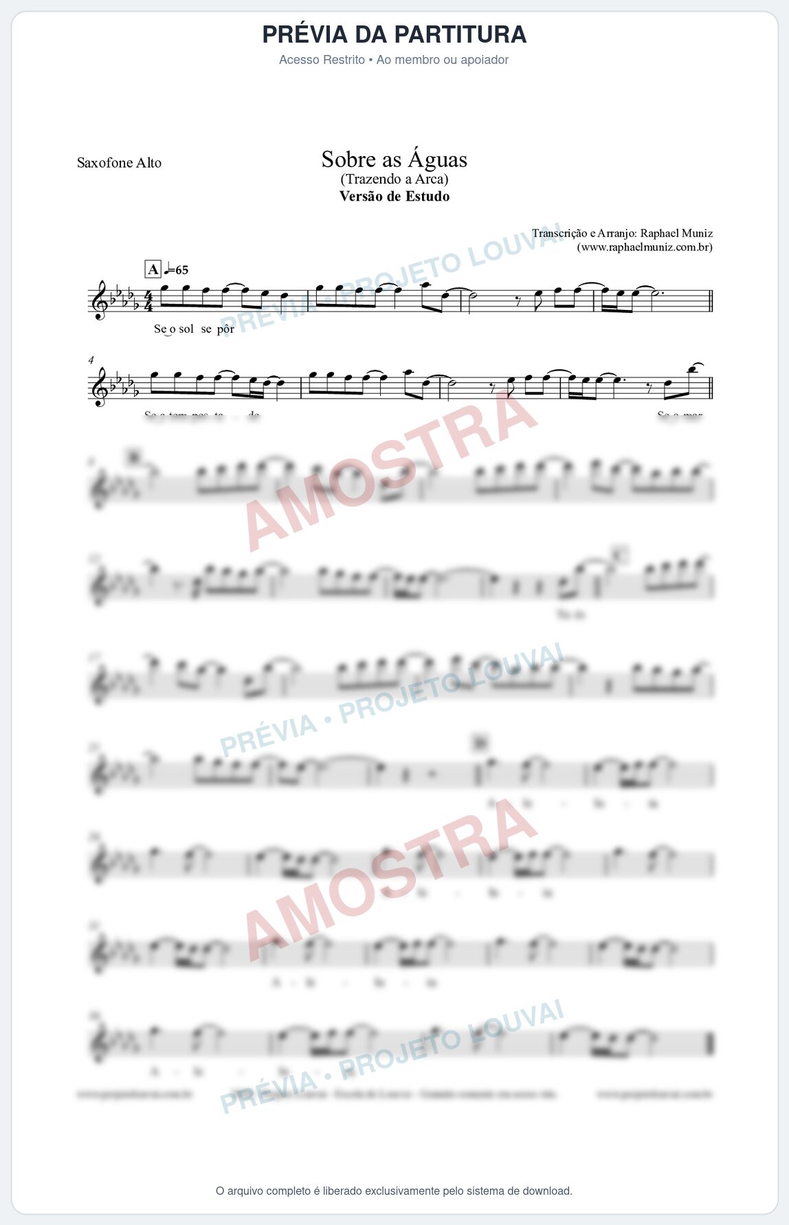 Prévia protegida da primeira página da partitura Partitura para Saxofone Alto - Sobre as Águas (Versão de Estudo) - Trazendo a Arca