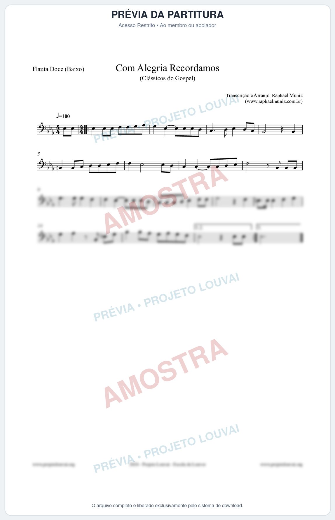 Prévia protegida da primeira página da partitura Partitura para Flauta Doce (Baixo) - Com Alegria Recordamos - HCC 613 - Clássicos do Gospel