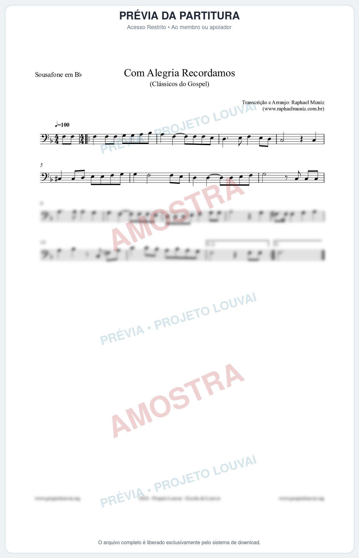 Prévia protegida da primeira página da partitura Partitura para Sousafone em Bb - Com Alegria Recordamos - HCC 613 - Clássicos do Gospel