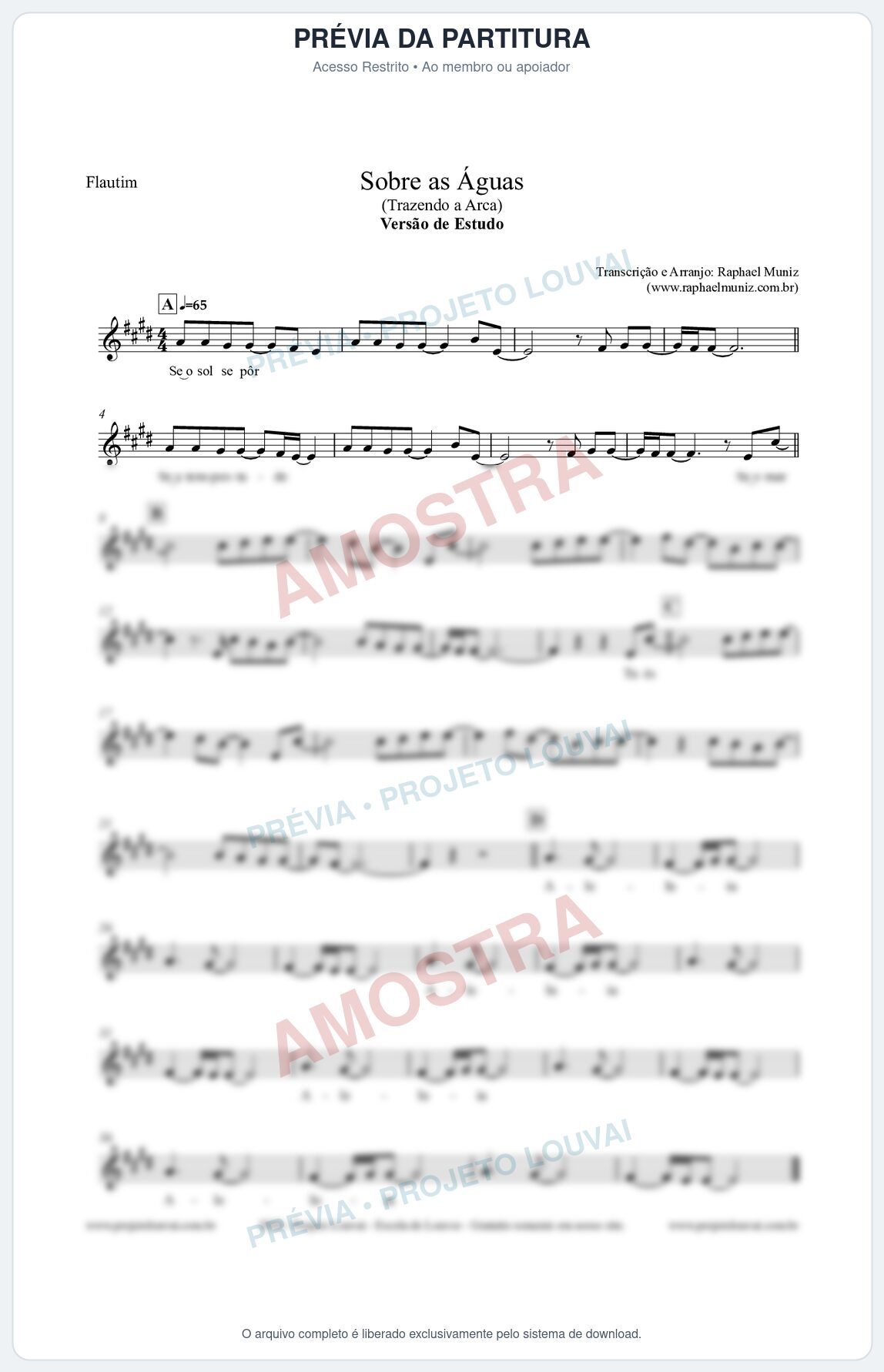 Prévia protegida da primeira página da partitura Partitura para Flautim - Sobre as Águas (Versão de Estudo) - Trazendo a Arca