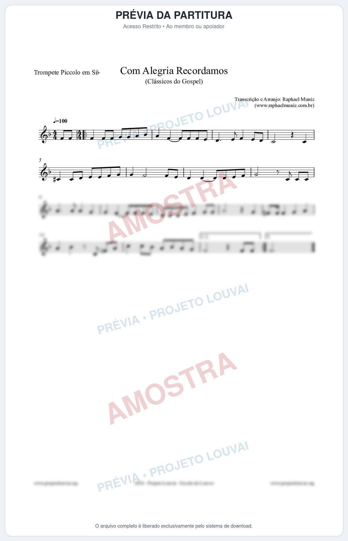 Prévia protegida da primeira página da partitura Partitura para Trompete Piccolo em Sib - Com Alegria Recordamos - HCC 613 - Clássicos do Gospel
