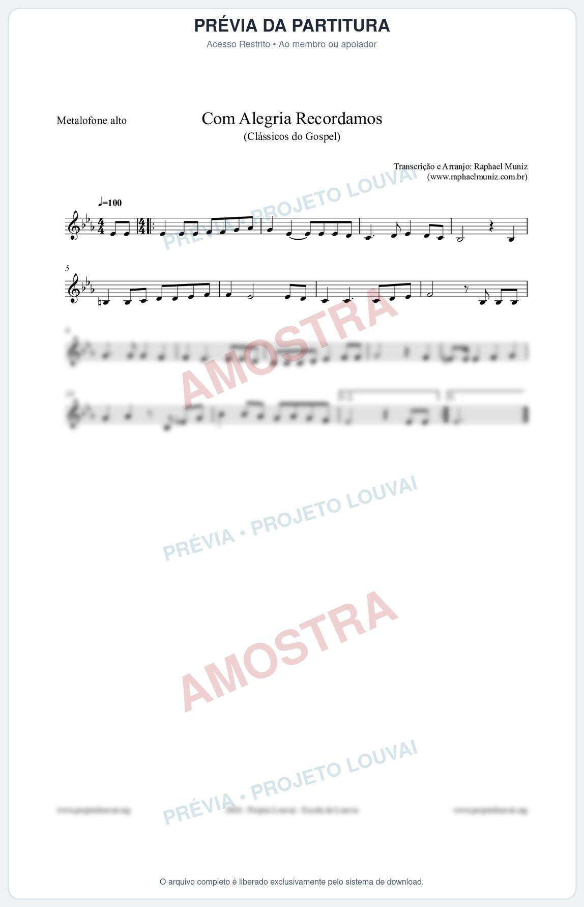 Prévia protegida da primeira página da partitura Partitura para Metalofone alto - Com Alegria Recordamos - HCC 613 - Clássicos do Gospel