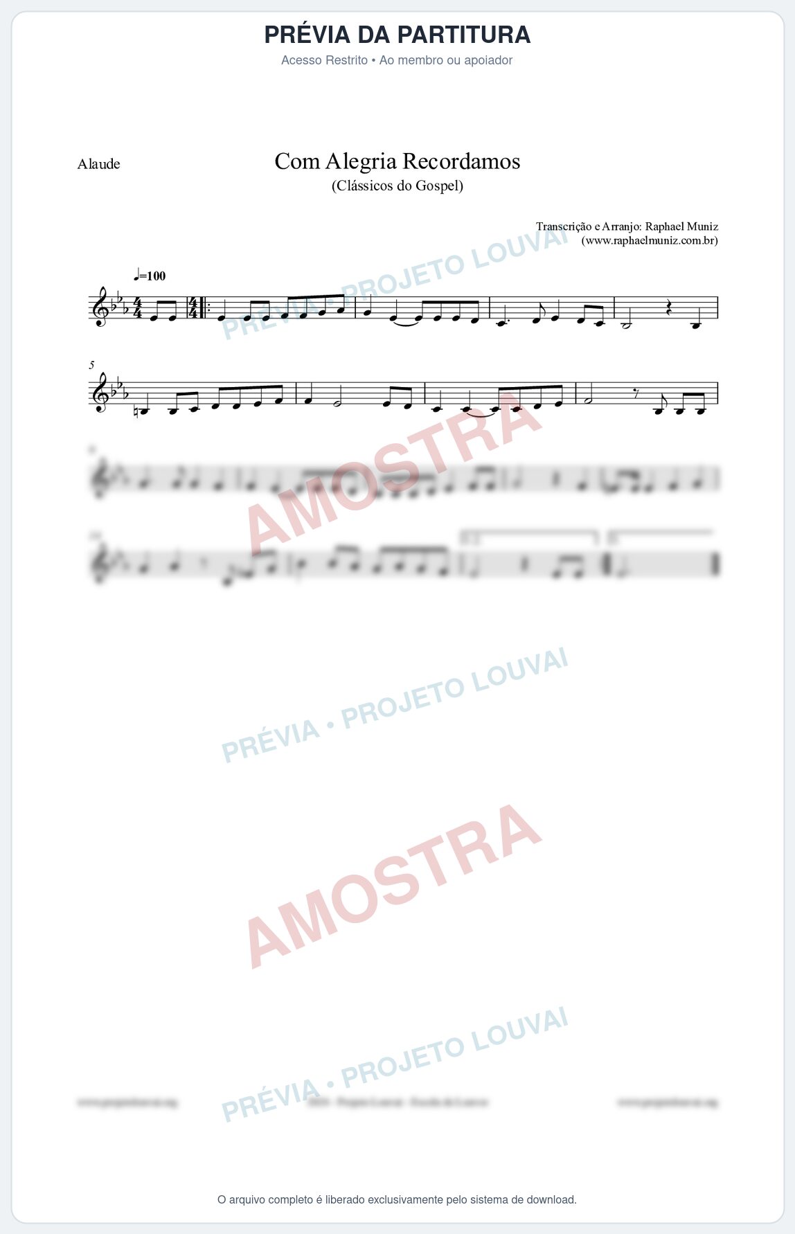 Prévia protegida da primeira página da partitura Partitura para Alaúde - Com Alegria Recordamos - HCC 613 - Clássicos do Gospel
