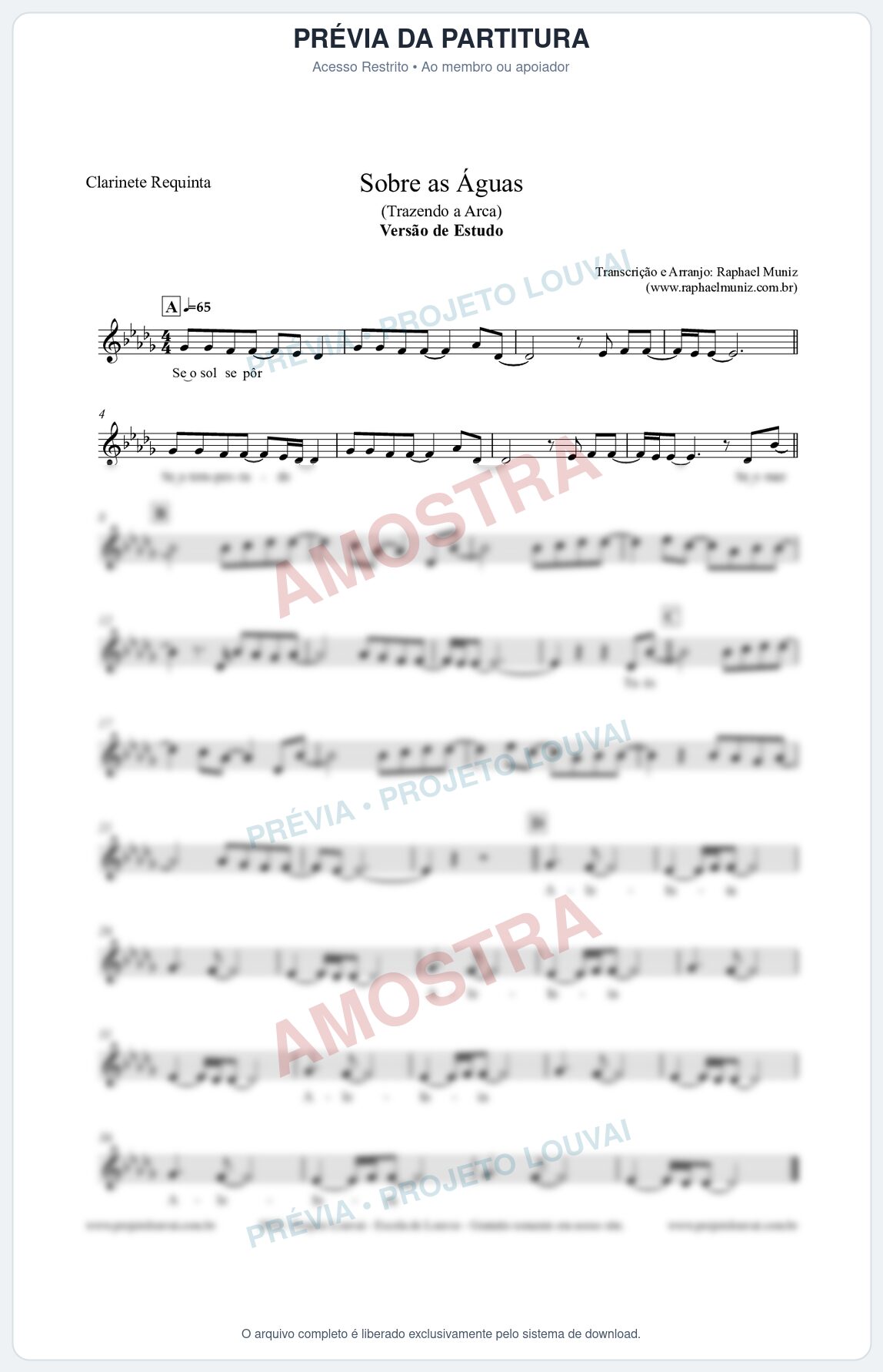 Prévia protegida da primeira página da partitura Partitura para Clarinete Requinta - Sobre as Águas (Versão de Estudo) - Trazendo a Arca