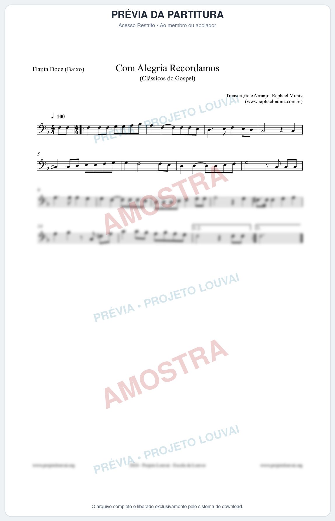 Prévia protegida da primeira página da partitura Partitura para Flauta Doce (Baixo) - Com Alegria Recordamos - HCC 613 - Clássicos do Gospel
