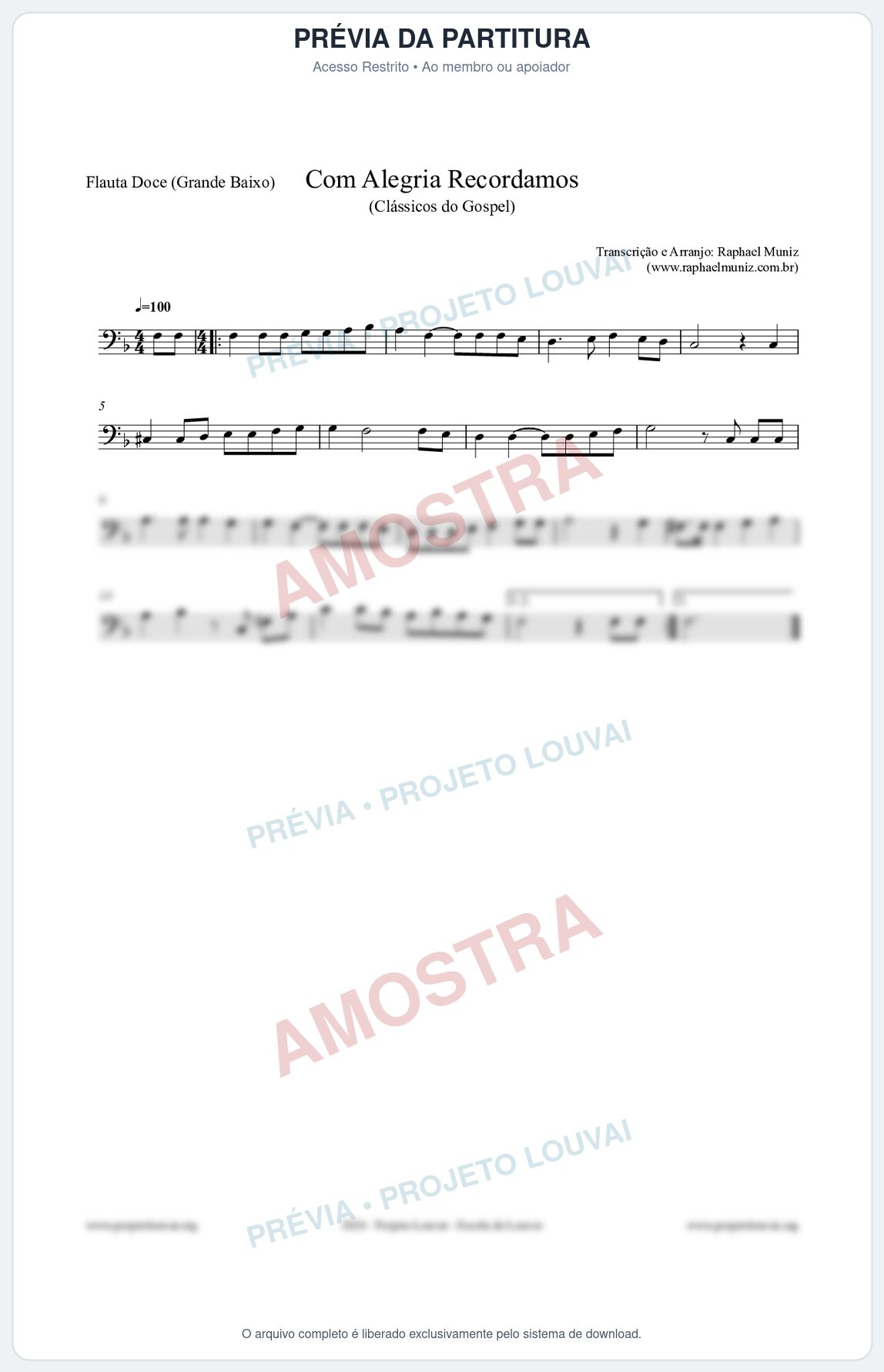 Prévia protegida da primeira página da partitura Partitura para Flauta Doce (Grande Baixo) - Com Alegria Recordamos - HCC 613 - Clássicos do Gospel