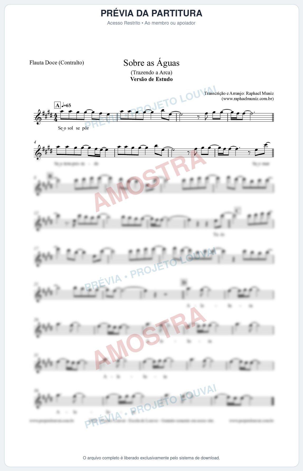 Prévia protegida da primeira página da partitura Partitura para Flauta Doce (Contralto) - Sobre as Águas (Versão de Estudo) - Trazendo a Arca