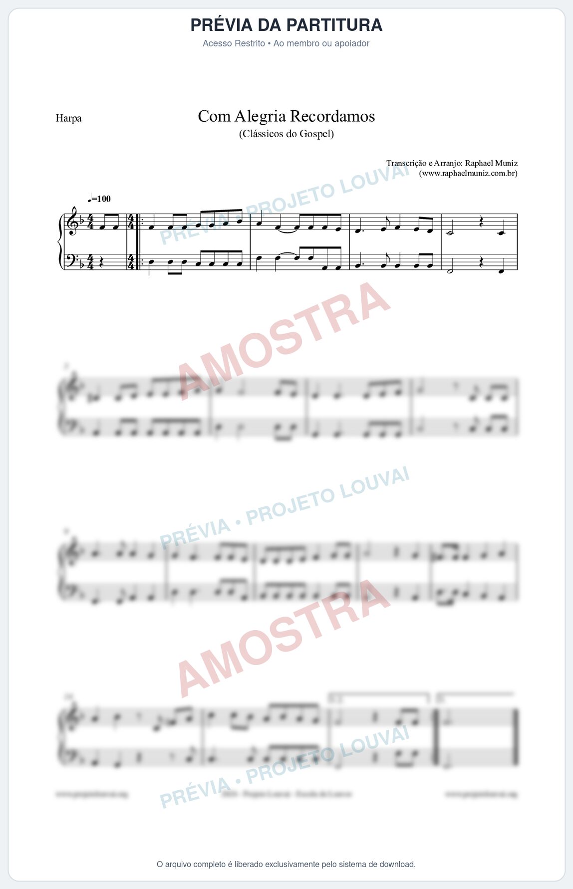 Prévia protegida da primeira página da partitura Partitura para Harpa - Com Alegria Recordamos - HCC 613 - Clássicos do Gospel