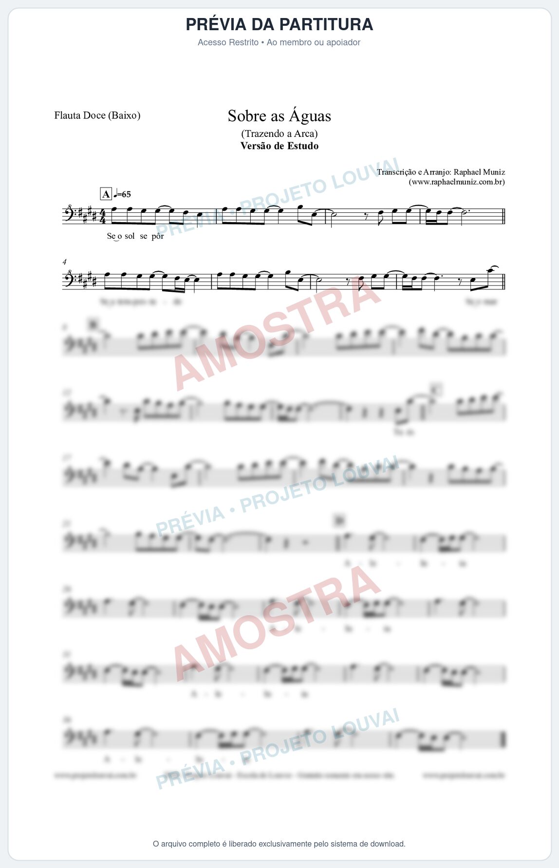 Prévia protegida da primeira página da partitura Partitura para Flauta Doce (Baixo) - Sobre as Águas (Versão de Estudo) - Trazendo a Arca