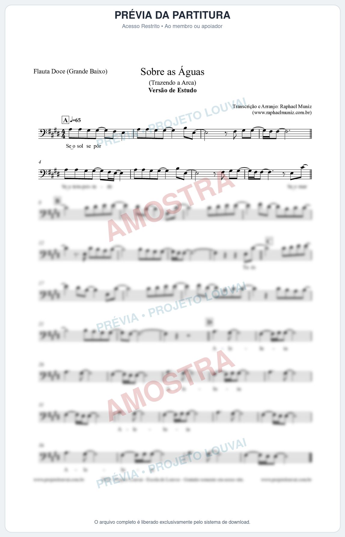 Prévia protegida da primeira página da partitura Partitura para Flauta Doce (Grande Baixo) - Sobre as Águas (Versão de Estudo) - Trazendo a Arca