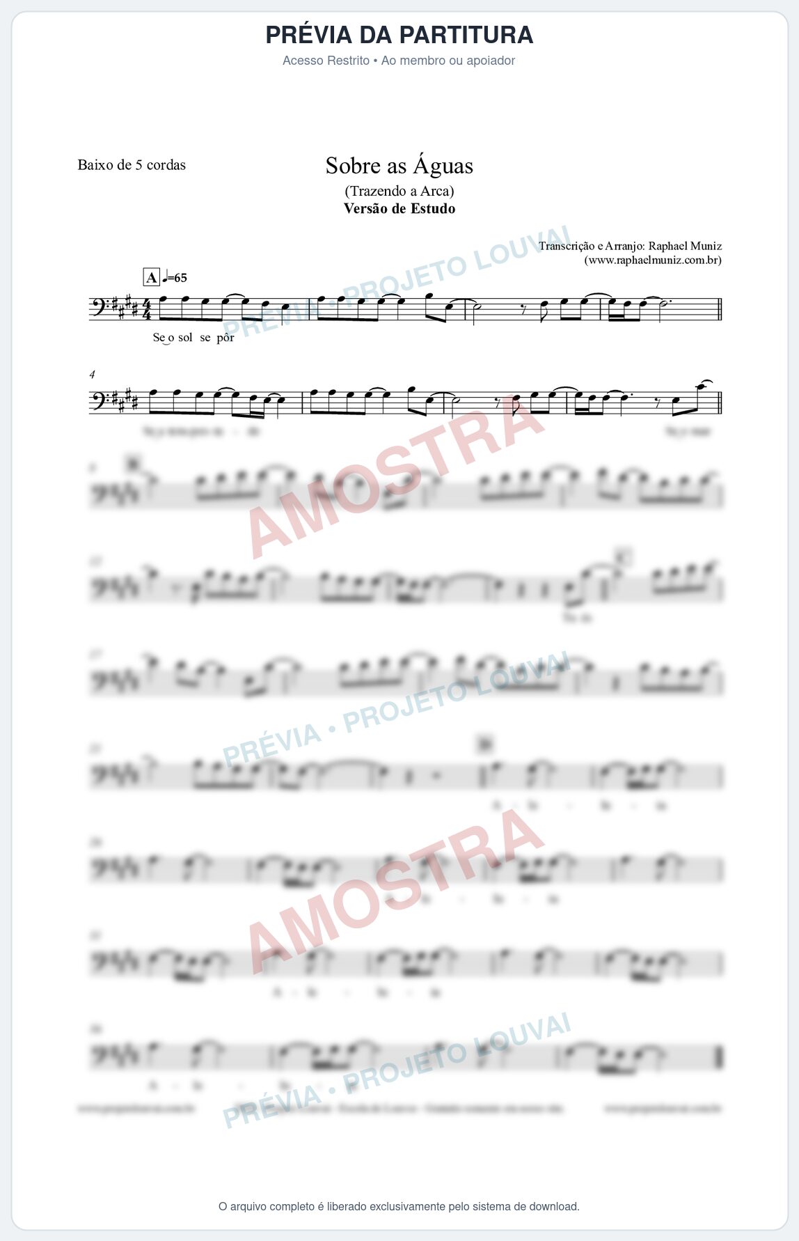 Prévia protegida da primeira página da partitura Partitura para Baixo de 5 cordas - Sobre as Águas (Versão de Estudo) - Trazendo a Arca