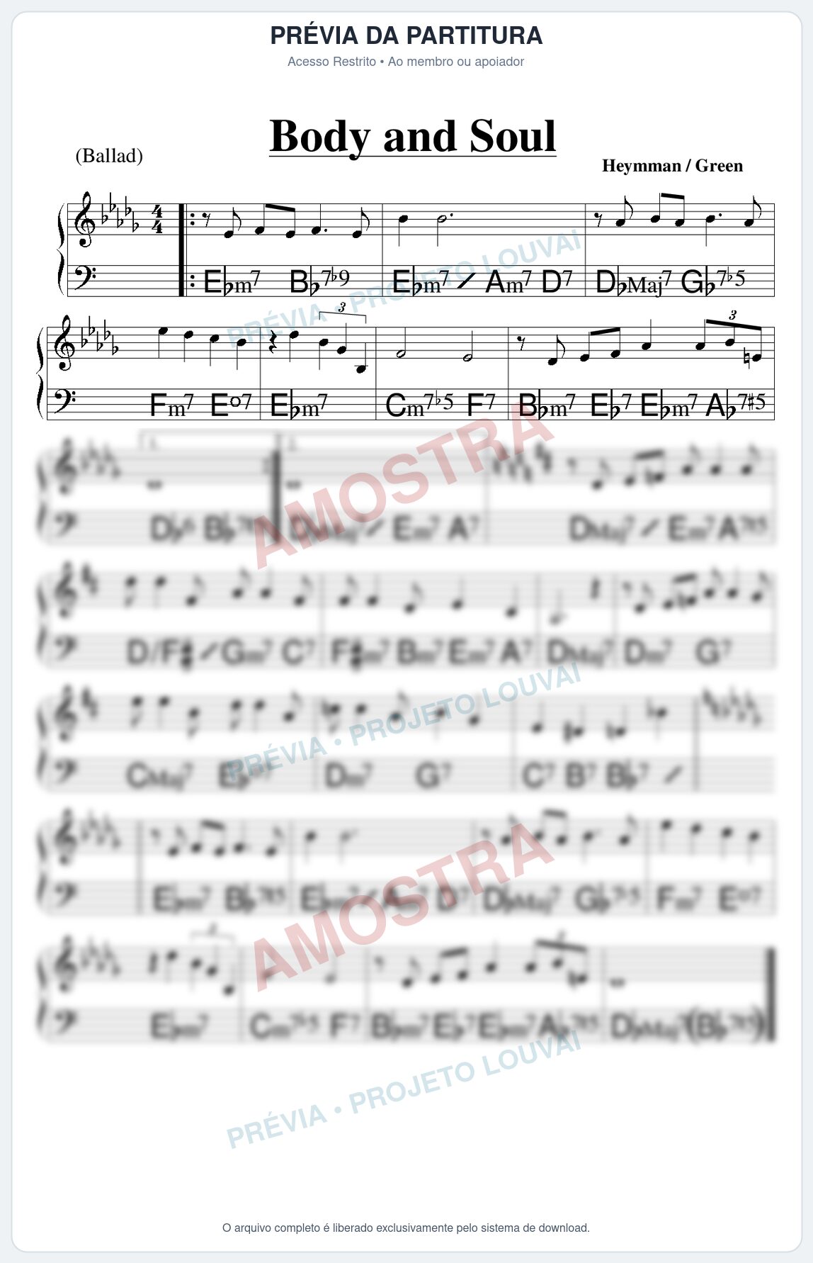 Prévia protegida da primeira página da partitura Partitura para Trompete Piccolo em Sib - Body and Soul - Real Book de Jazz