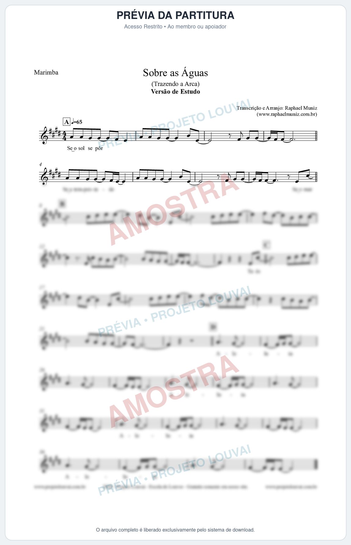 Prévia protegida da primeira página da partitura Partitura para Marimba - Sobre as Águas (Versão de Estudo) - Trazendo a Arca