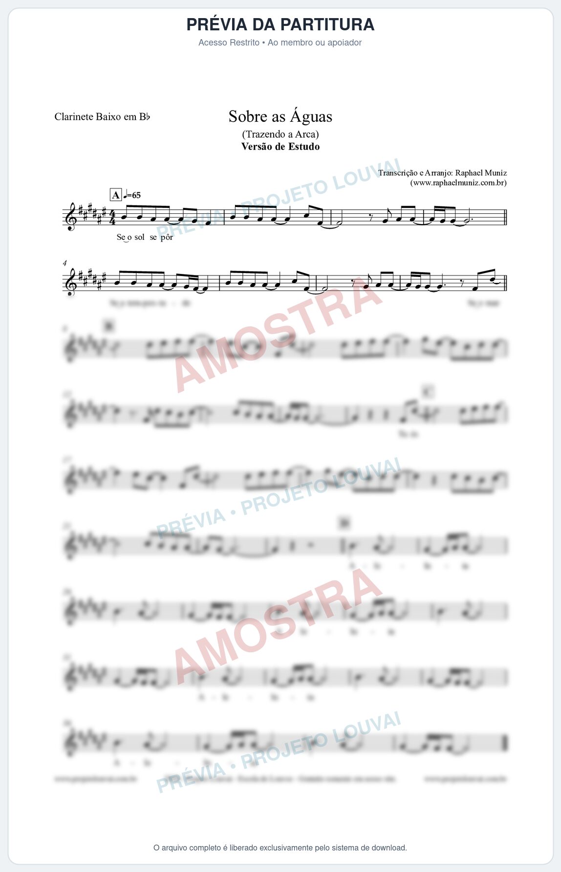 Prévia protegida da primeira página da partitura Partitura para Clarinete Baixo em Bb - Sobre as Águas (Versão de Estudo) - Trazendo a Arca