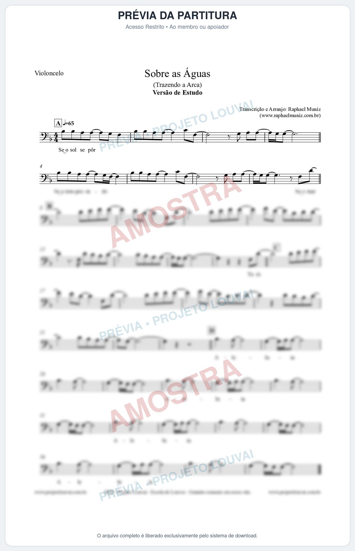 Prévia protegida da primeira página da partitura Partitura para Violoncelo - Sobre as Águas (Versão de Estudo) - Trazendo a Arca