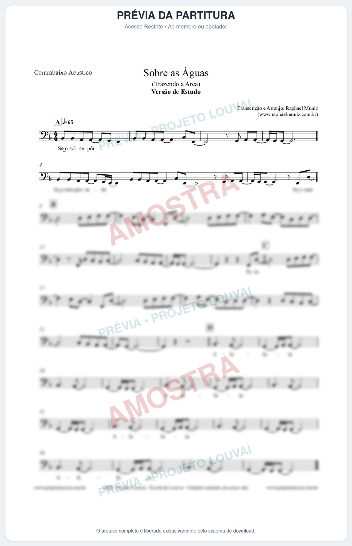 Prévia protegida da primeira página da partitura Partitura para Contrabaixo Acústico - Sobre as Águas (Versão de Estudo) - Trazendo a Arca