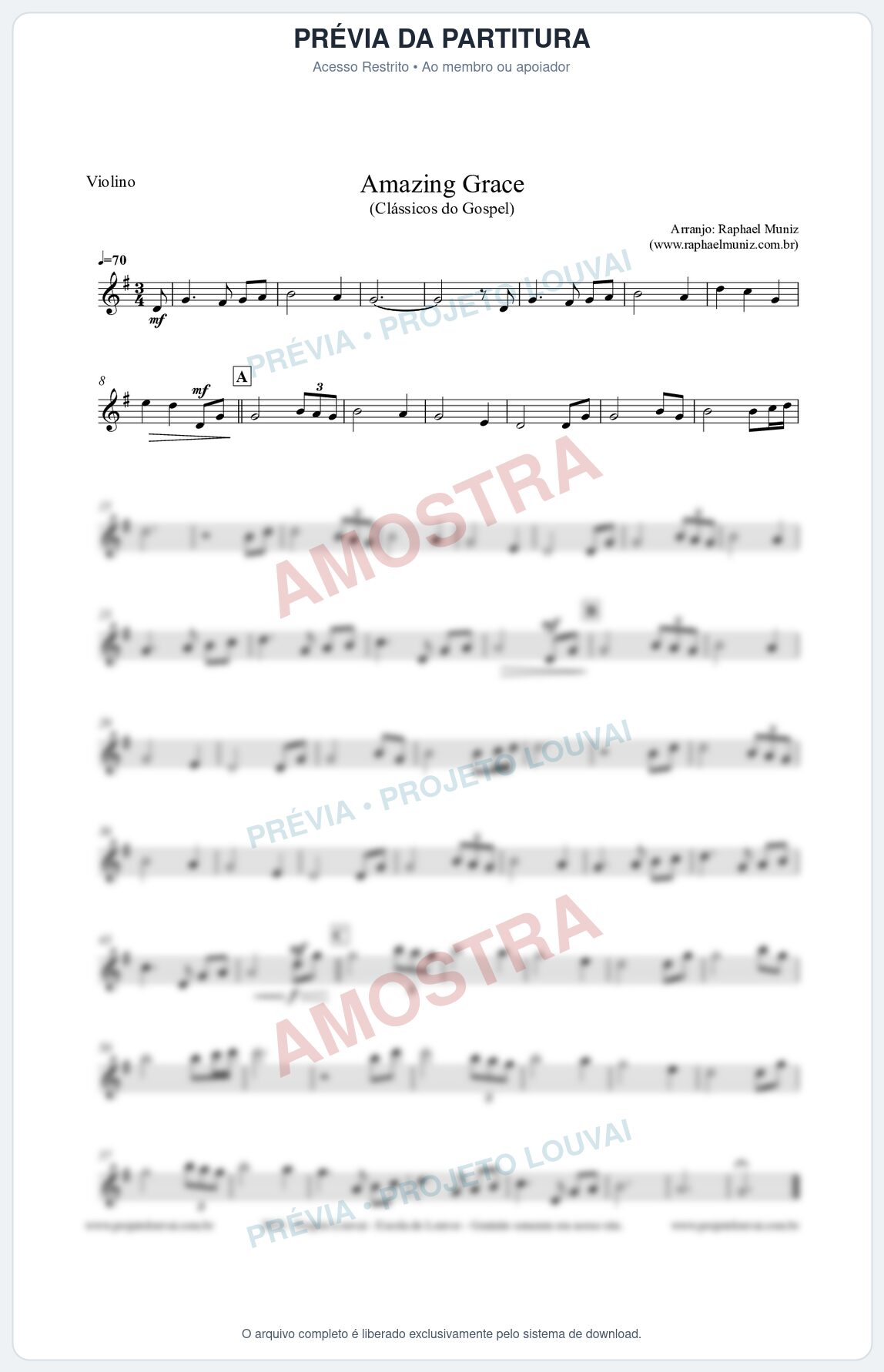 Prévia protegida da primeira página da partitura Partitura para Violino (Versão 2) - Amazing Grace - Fernando Castilho - Clássicos do Gospel