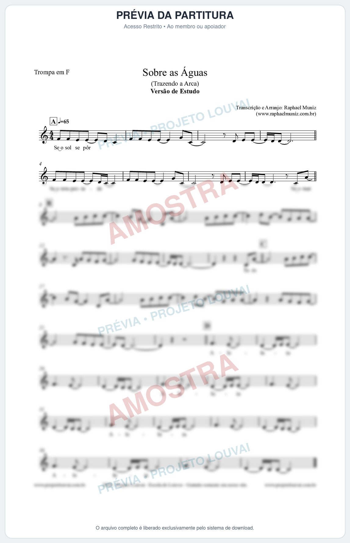 Prévia protegida da primeira página da partitura Partitura para Trompa em F - Sobre as Águas (Versão de Estudo) - Trazendo a Arca