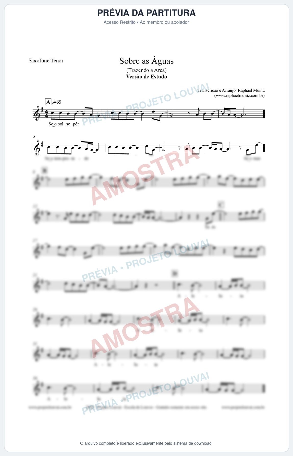 Prévia protegida da primeira página da partitura Partitura para Saxofone Tenor - Sobre as Águas (Versão de Estudo) - Trazendo a Arca