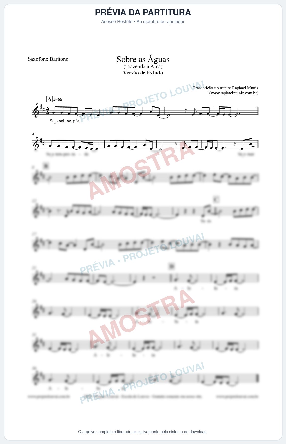 Prévia protegida da primeira página da partitura Partitura para Saxofone Barítono - Sobre as Águas (Versão de Estudo) - Trazendo a Arca