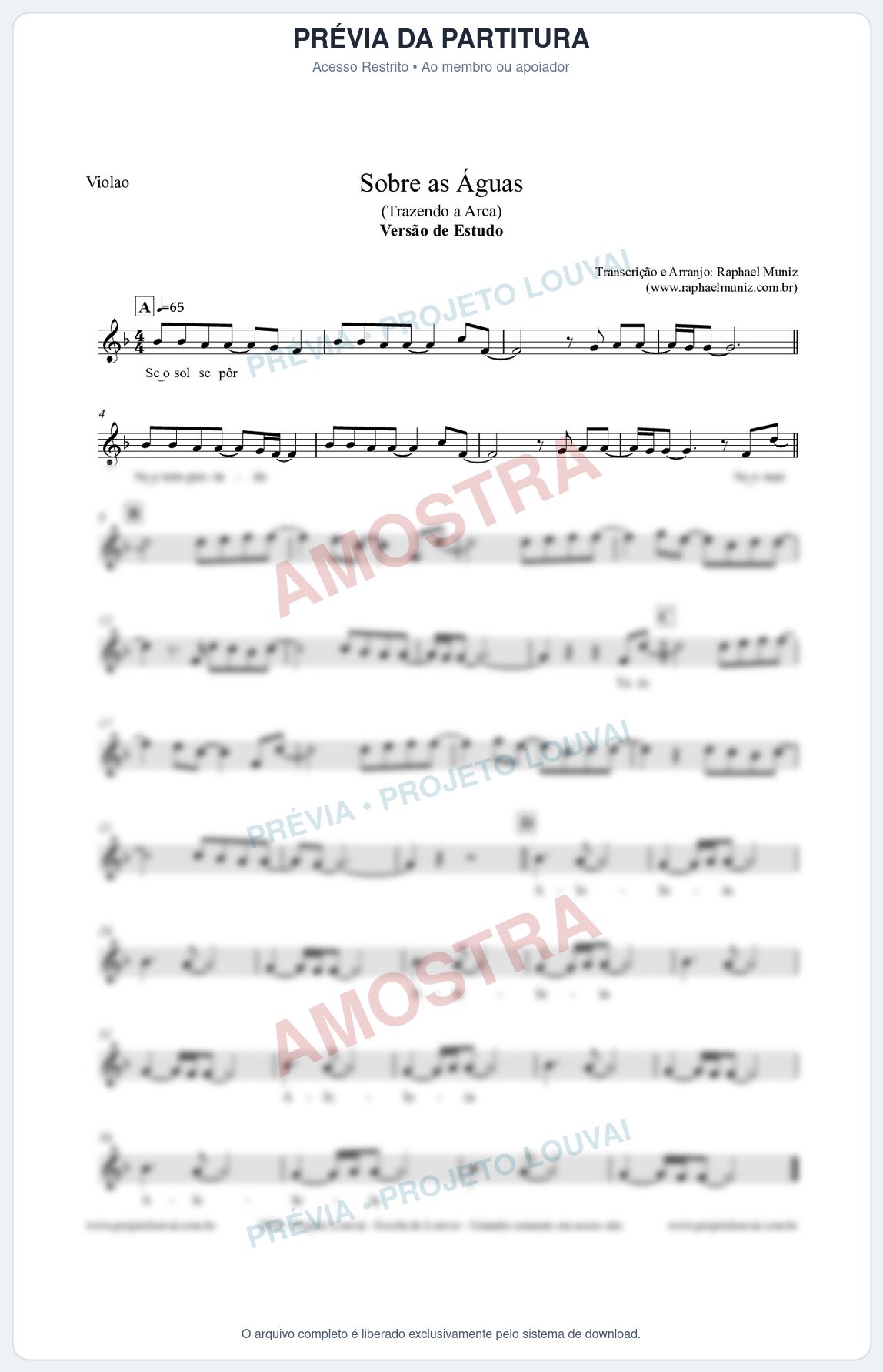 Prévia protegida da primeira página da partitura Partitura para Violão - Sobre as Águas (Versão de Estudo) - Trazendo a Arca