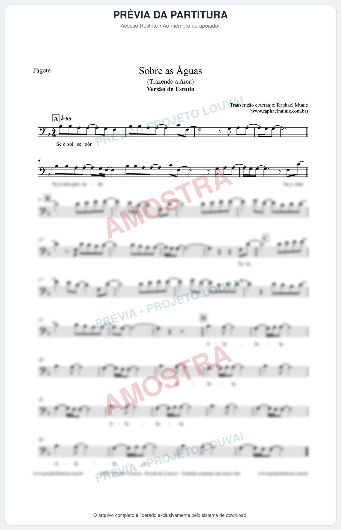 Prévia protegida da primeira página da partitura Partitura para Fagote - Sobre as Águas (Versão de Estudo) - Trazendo a Arca