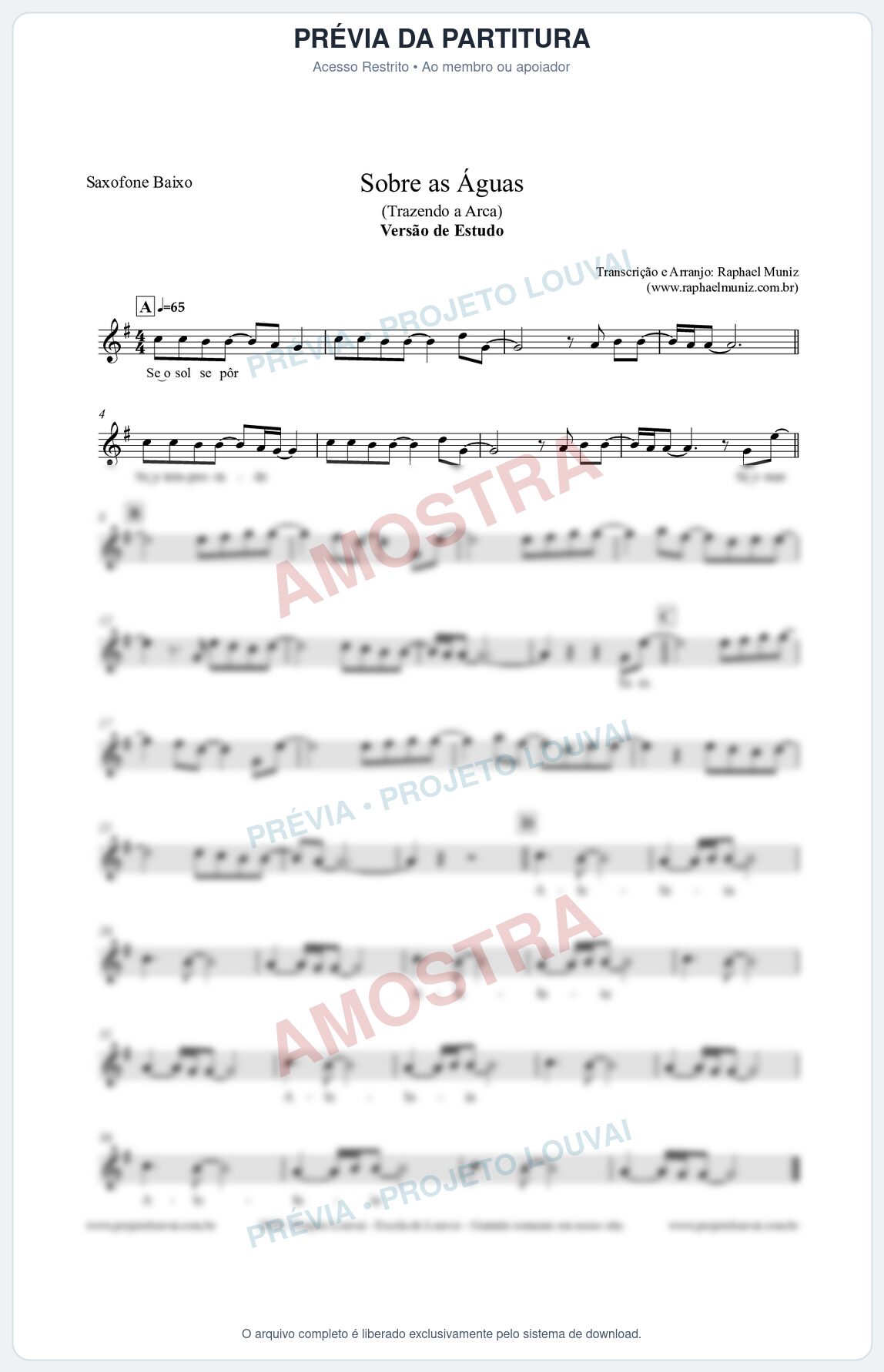 Prévia protegida da primeira página da partitura Partitura para Saxofone Baixo - Sobre as Águas (Versão de Estudo) - Trazendo a Arca