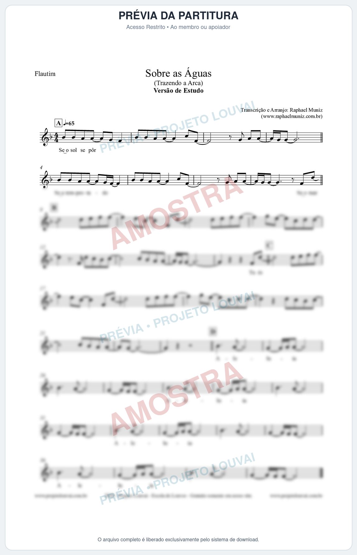 Prévia protegida da primeira página da partitura Partitura para Flautim - Sobre as Águas (Versão de Estudo) - Trazendo a Arca