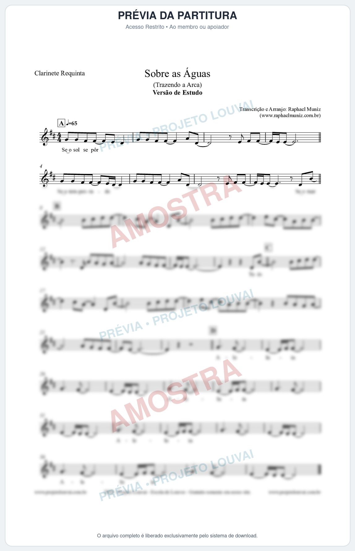 Prévia protegida da primeira página da partitura Partitura para Clarinete Requinta - Sobre as Águas (Versão de Estudo) - Trazendo a Arca