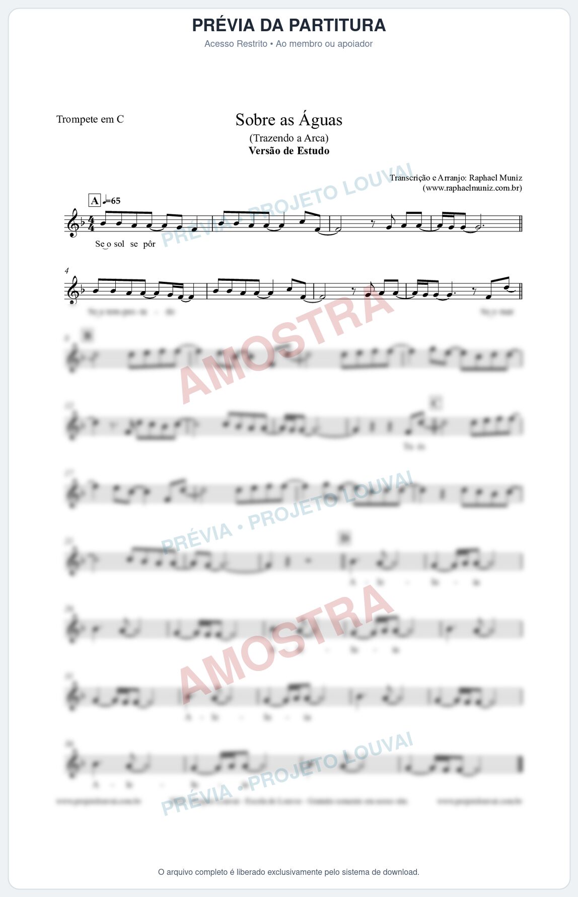 Prévia protegida da primeira página da partitura Partitura para Trompete em C - Sobre as Águas (Versão de Estudo) - Trazendo a Arca