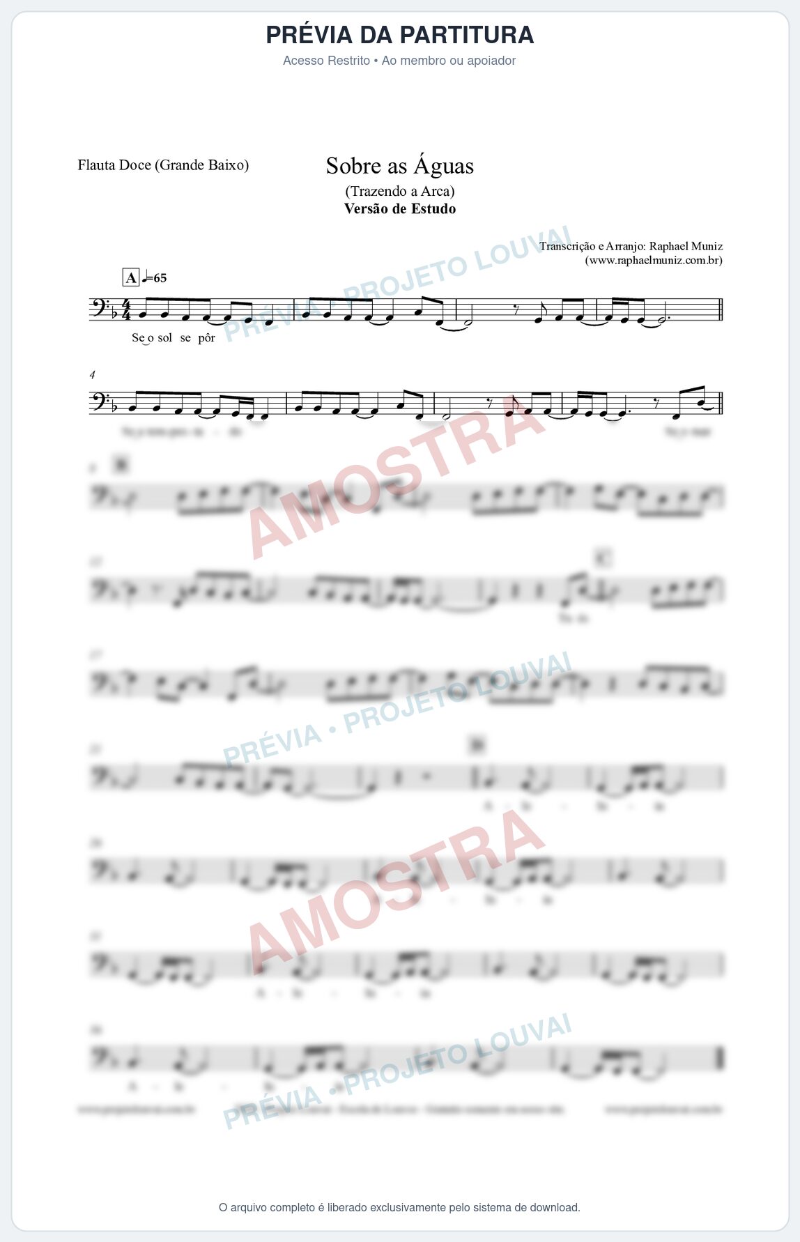 Prévia protegida da primeira página da partitura Partitura para Flauta Doce (Grande Baixo) - Sobre as Águas (Versão de Estudo) - Trazendo a Arca