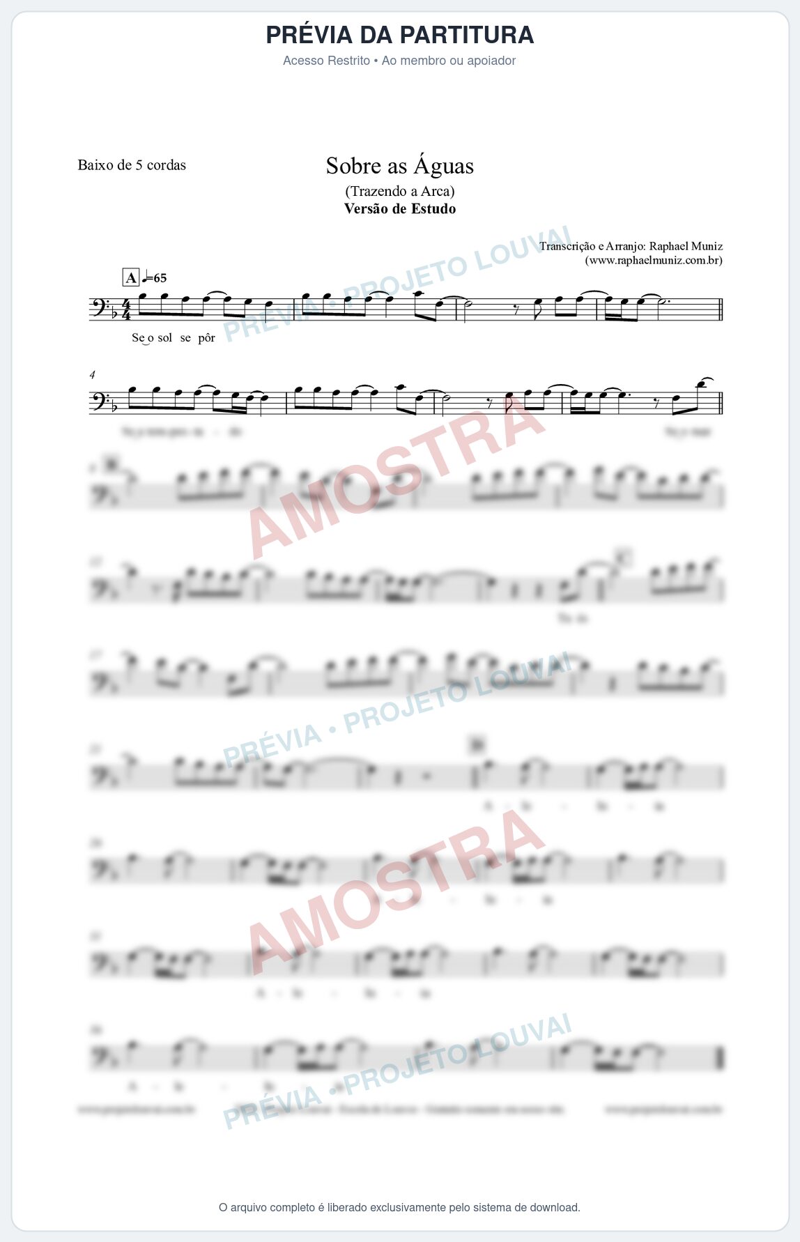 Prévia protegida da primeira página da partitura Partitura para Baixo de 5 cordas - Sobre as Águas (Versão de Estudo) - Trazendo a Arca