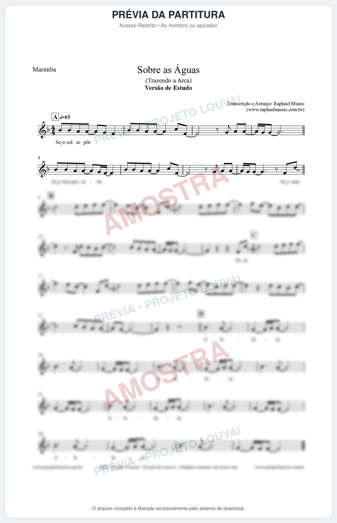 Prévia protegida da primeira página da partitura Partitura para Marimba - Sobre as Águas (Versão de Estudo) - Trazendo a Arca