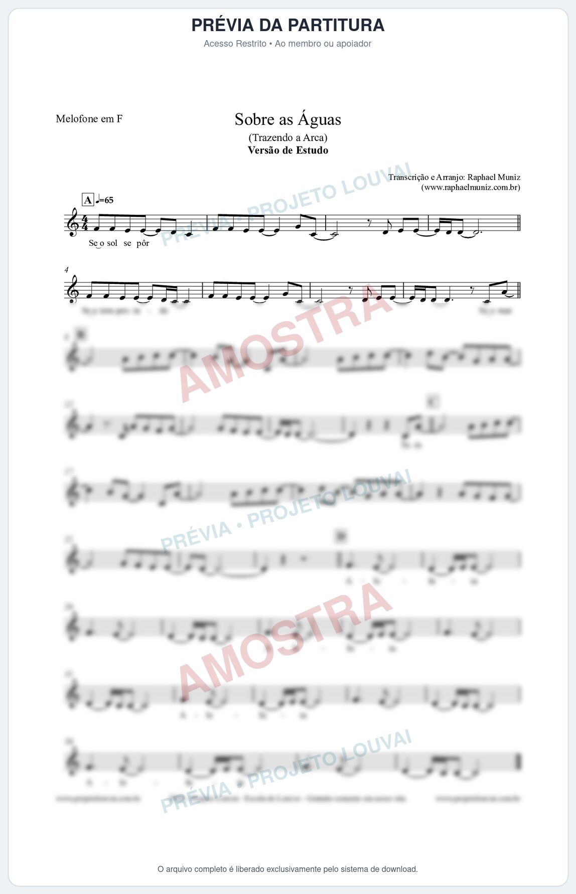 Prévia protegida da primeira página da partitura Partitura para Melofone em F - Sobre as Águas (Versão de Estudo) - Trazendo a Arca