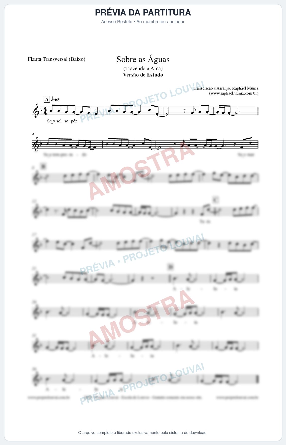 Prévia protegida da primeira página da partitura Partitura para Flauta Transversal (Baixo) - Sobre as Águas (Versão de Estudo) - Trazendo a Arca