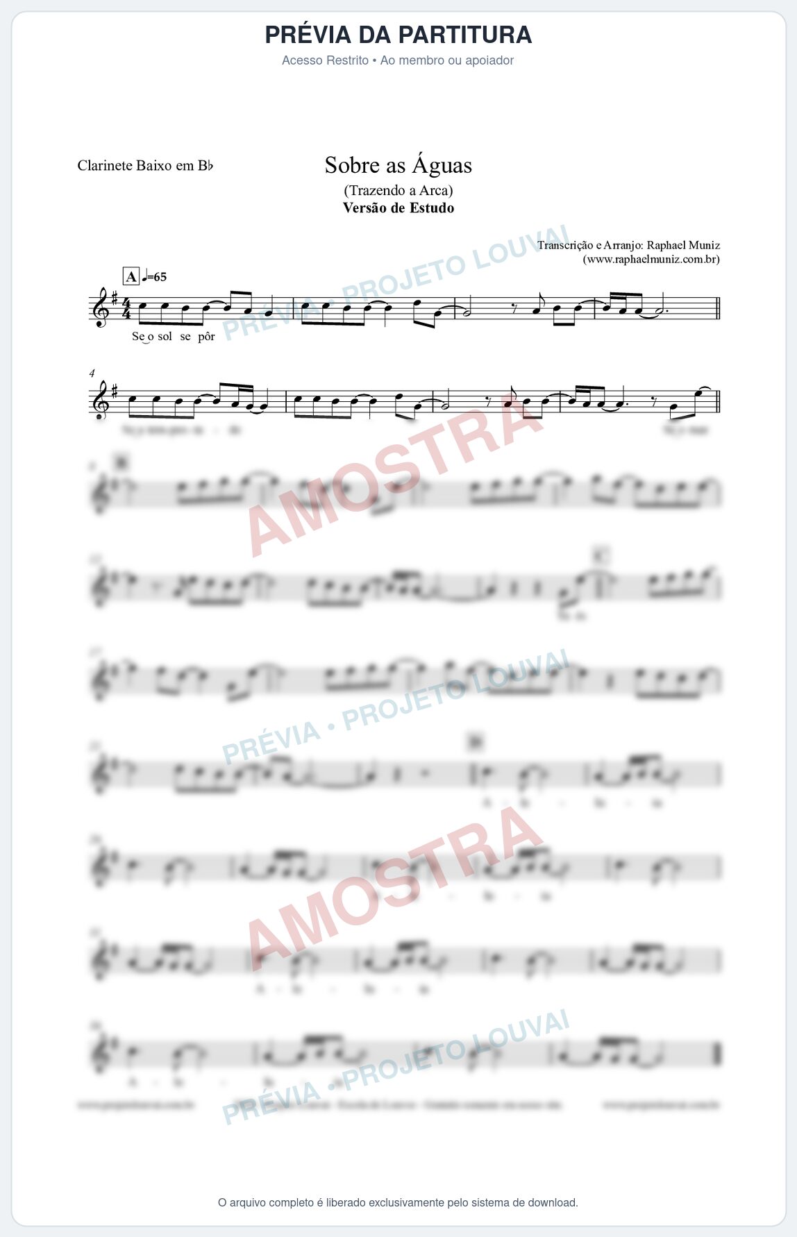 Prévia protegida da primeira página da partitura Partitura para Clarinete Baixo em Bb - Sobre as Águas (Versão de Estudo) - Trazendo a Arca