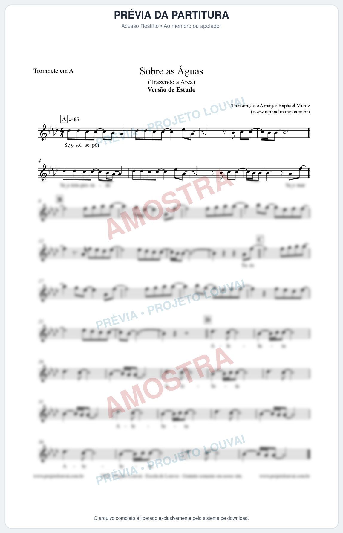 Prévia protegida da primeira página da partitura Partitura para Trompete em A - Sobre as Águas (Versão de Estudo) - Trazendo a Arca