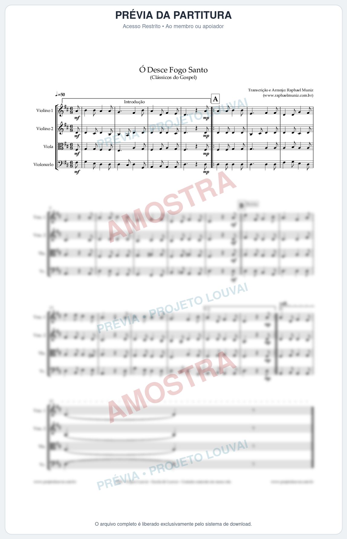 Prévia protegida da primeira página da partitura Partitura para Quarteto de Cordas - Ó Desce Fogo Santo - Harpa Cristã nº5 - Clássicos do Gospel