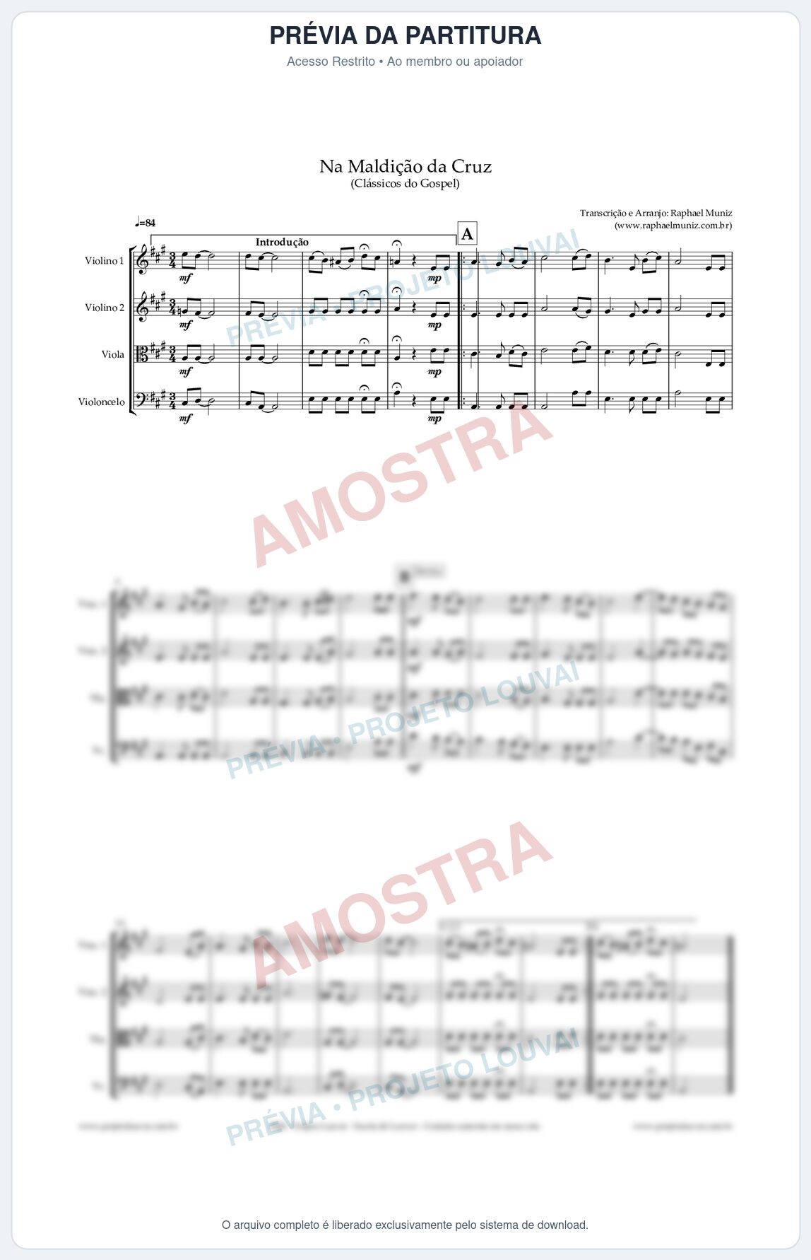 Prévia protegida da primeira página da partitura Partitura para Quarteto de Cordas - Na Maldição da Cruz - Harpa Cristã nº6 - Clássicos do Gospel