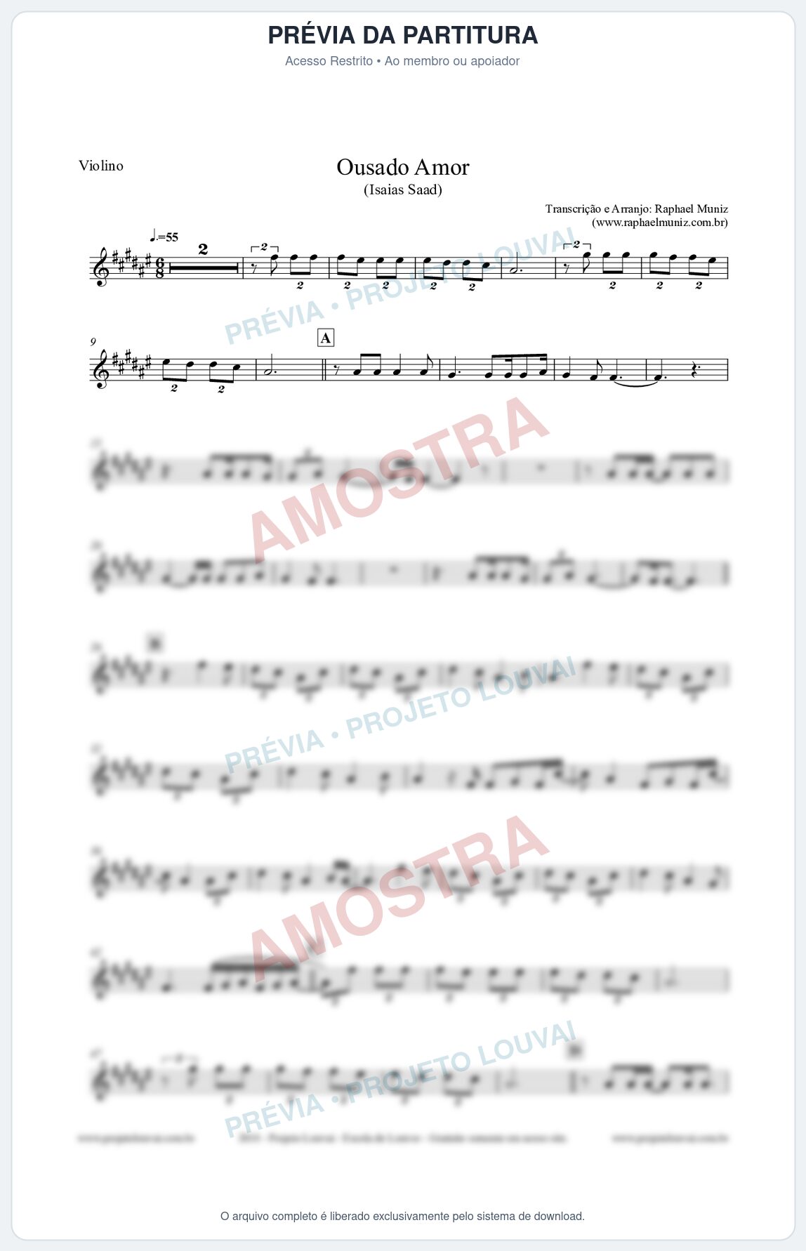 Prévia protegida da primeira página da partitura Partitura para Violino - Ousado Amor (RECKLESS LOVE) - Isaias Saad