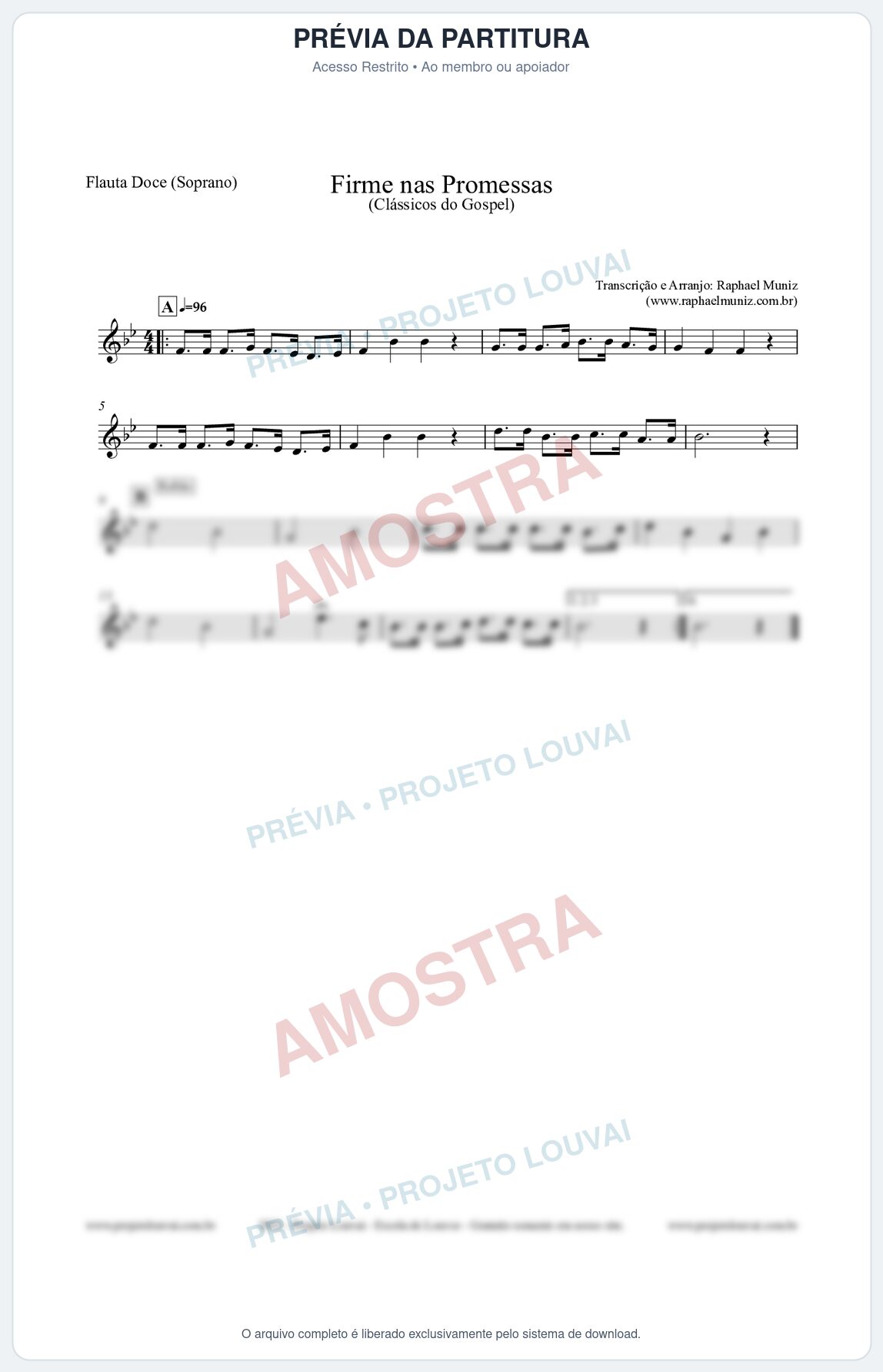 Prévia protegida da primeira página da partitura Partitura para Flauta Doce (Soprano) - Firme nas Promessas - Harpa Cristã nº107 - Clássicos do Gospel
